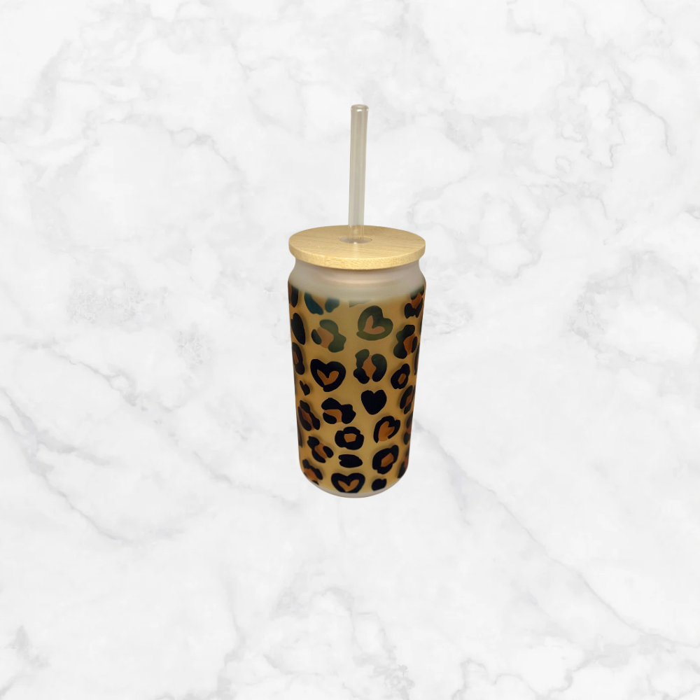 Leopard Heart 18oz Glass Can Cup - Brown