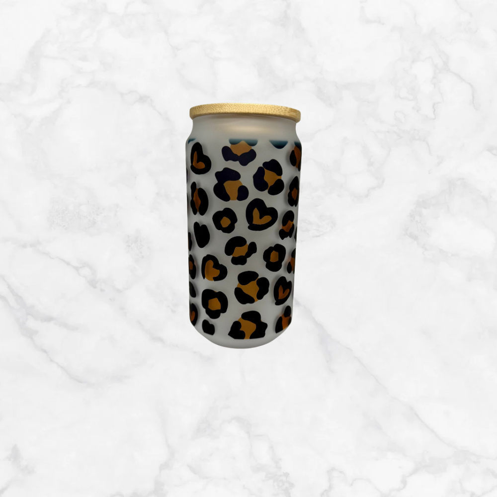 Leopard Heart 18oz Glass Can Cup